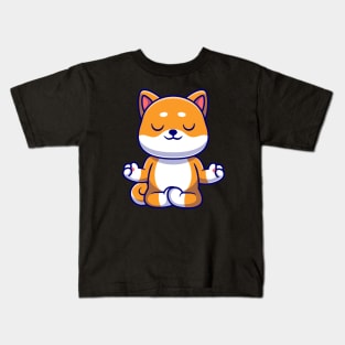 Cute Shiba Inu Dog Doing Yoga Cartoon Kids T-Shirt